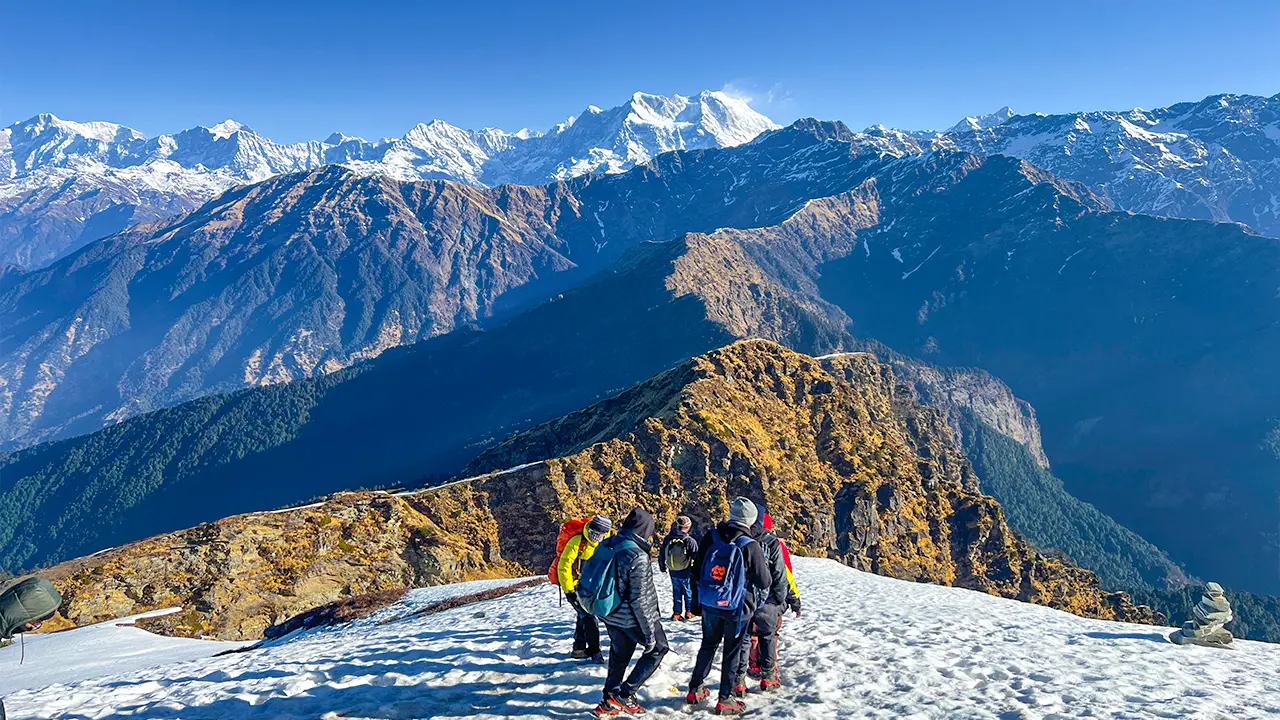 Hikers trekking toward the summit on the Chopta Chandrashila trek