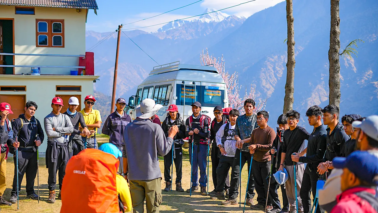 On Day 1, trek experts briefing the group before starting the Brahmatal Trek
