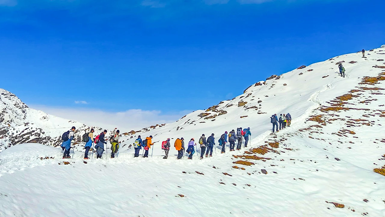 Group of trekkers walking through the snowy Brahmatal trek route