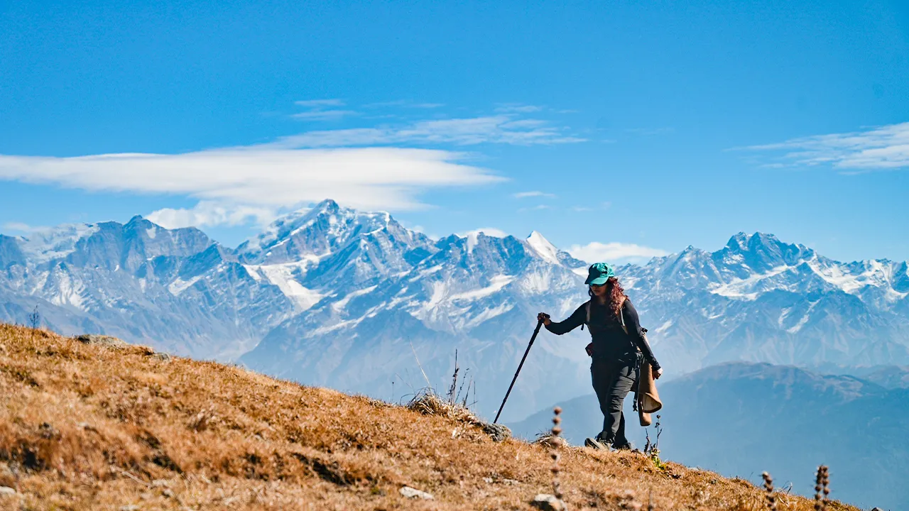 Trekker is climbing the mountain with the help of a Trekking Pole