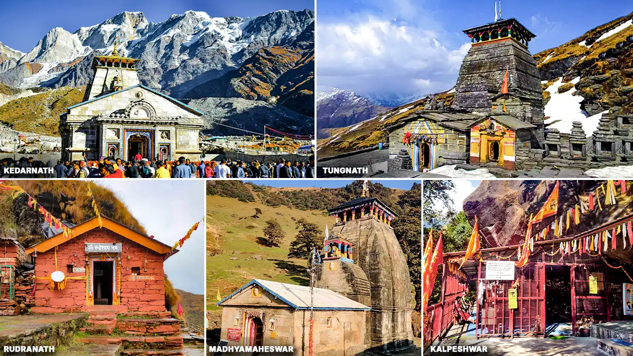 Panch Kedar temples of Uttarakhand—Kedarnath, Tungnath, Rudranath, Madhyamaheshwar, and Kalpeshwar—major Lord Shiva pilgrimage sites