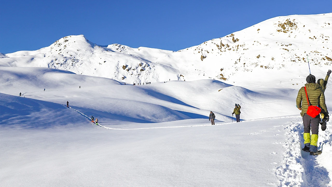 Trekkers walking across the snow-covered meadows on the Dayara Bugyal trek
